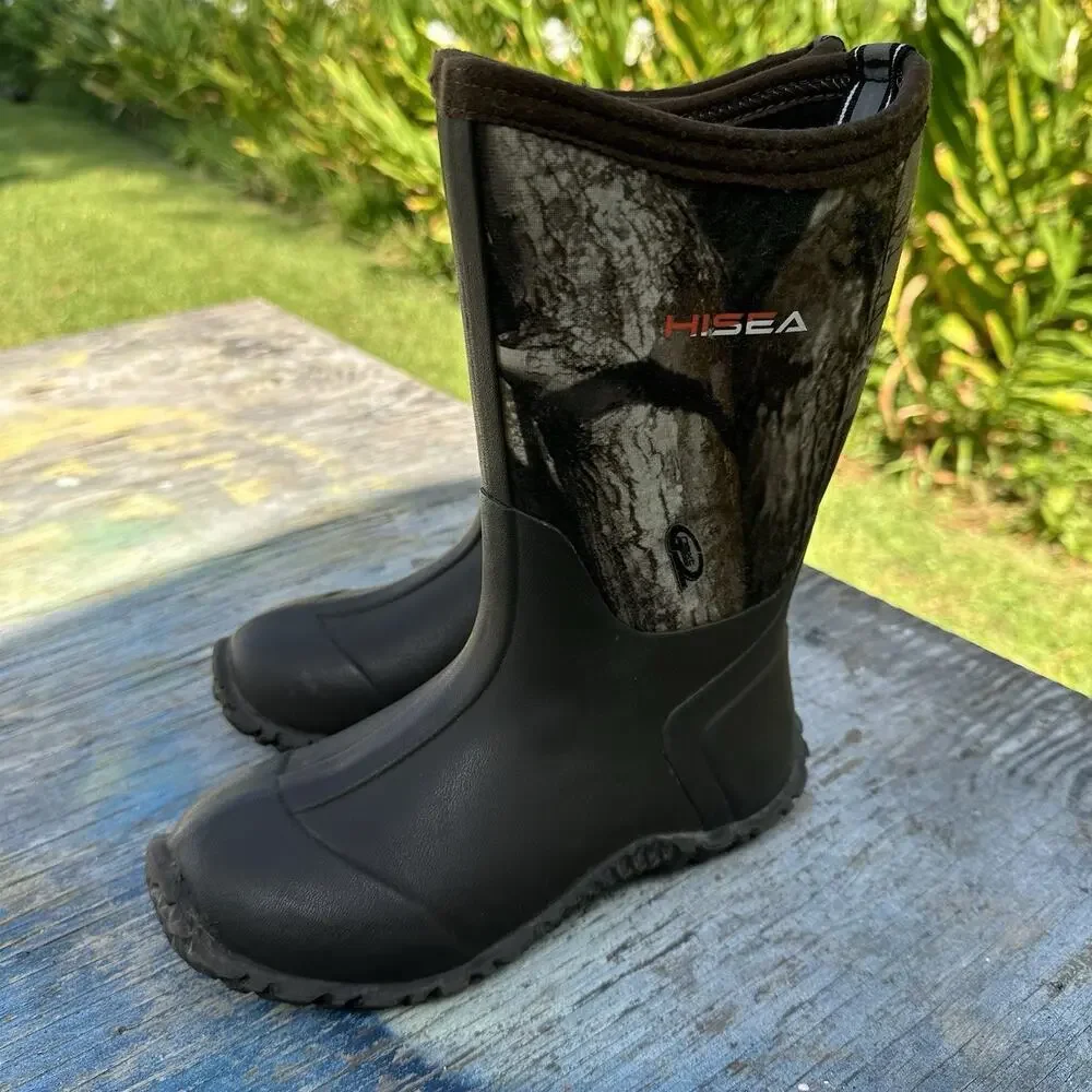 HISEA Kids 2 Camo Waterproof Rain Boot Non-Slip Mid-Calf Hunting Fishing Work